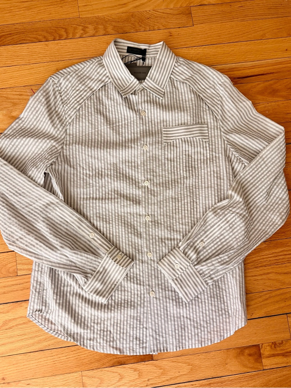 Richard Chai Light Gray and White Striped Long-Sleeve Button-Up Shirt